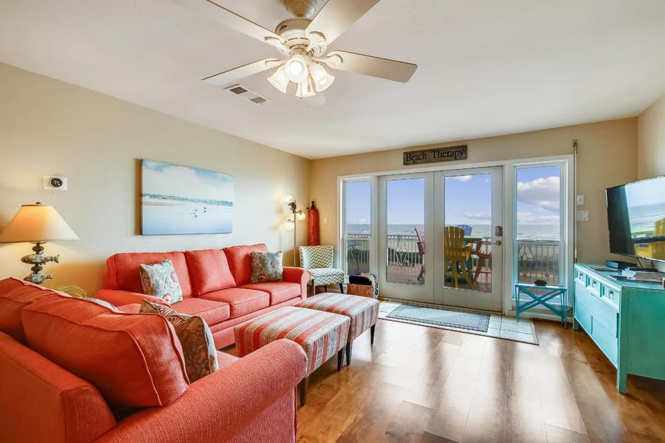 View (from property/room), Balcony/Terrace, Living room, Seating area, Sea view, furniture