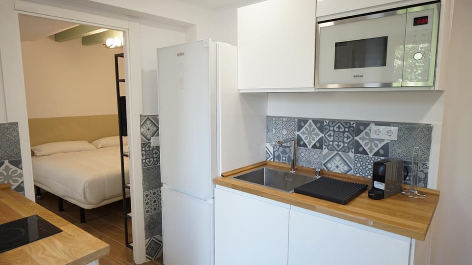 Bed, Kitchen or kitchenette, Photo of the whole room, Bedroom, microwave, stove
