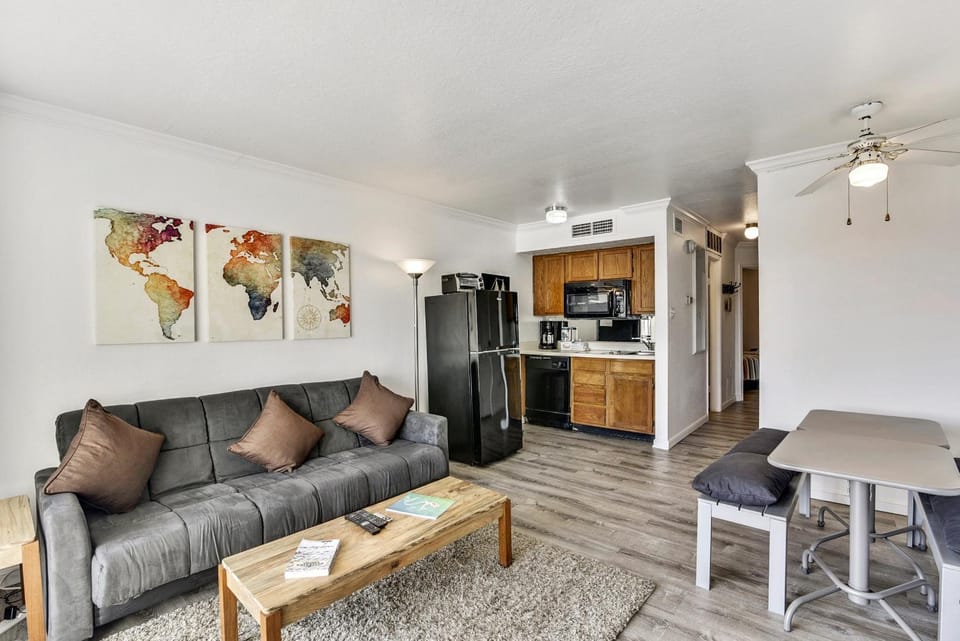 Kitchen or kitchenette, Living room, Seating area, furniture, microwave