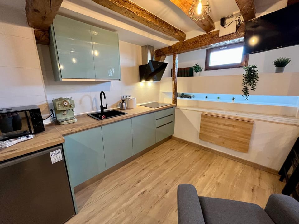 Kitchen or kitchenette, stove