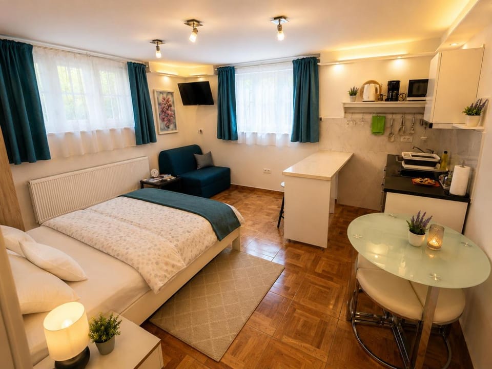 Bed, kitchen