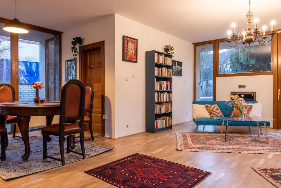 Library, Living room, Seating area, Dining area
