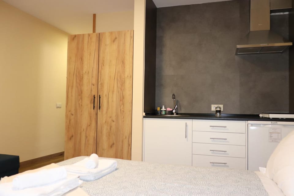 Bed, Kitchen or kitchenette, wardrobe