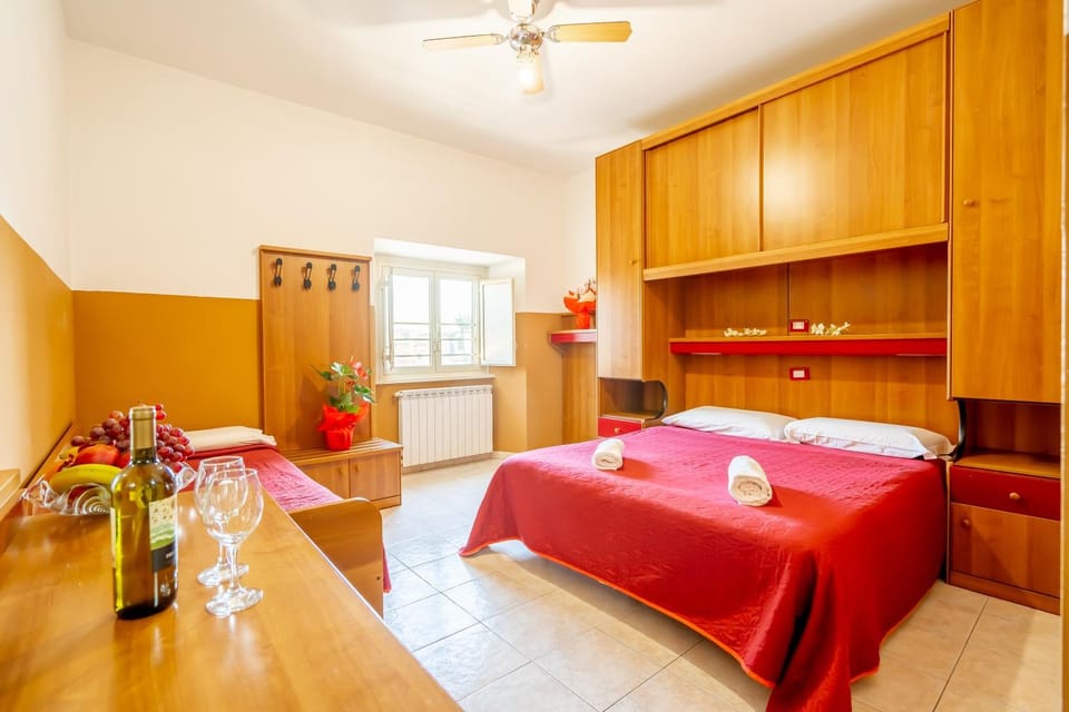 Bed, fireplace