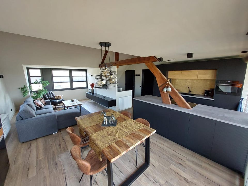Kitchen or kitchenette, Living room, Seating area, Dining area