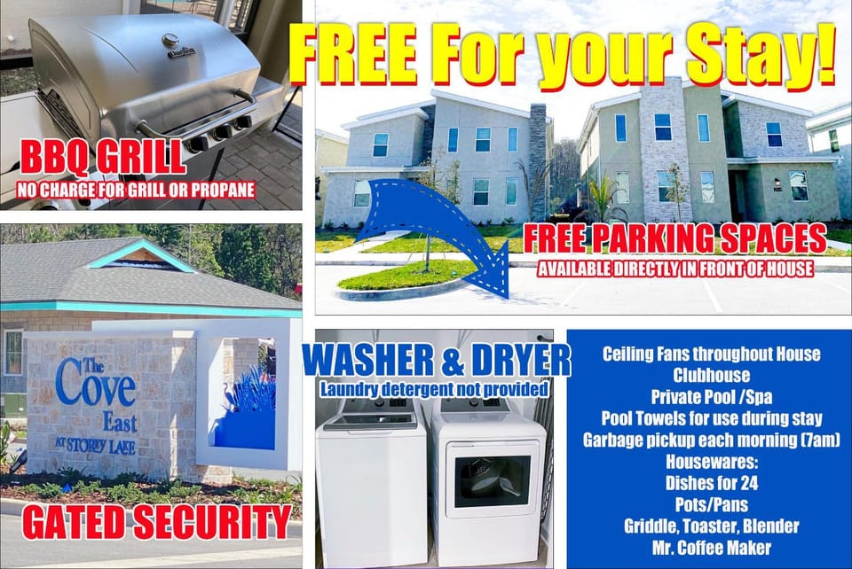 BBQ facilities, Parking, laundry