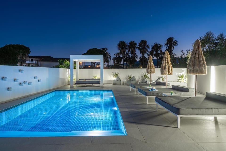 Patio, Night, Natural landscape, Pool view, Swimming pool, sunbed