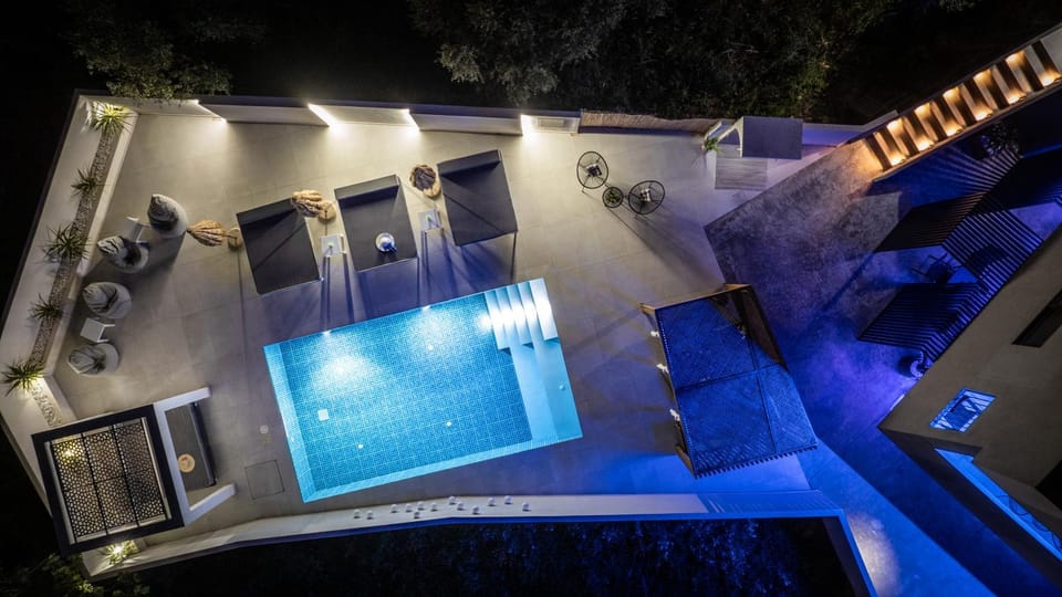 Patio, Night, Natural landscape, Pool view, Swimming pool, sunbed
