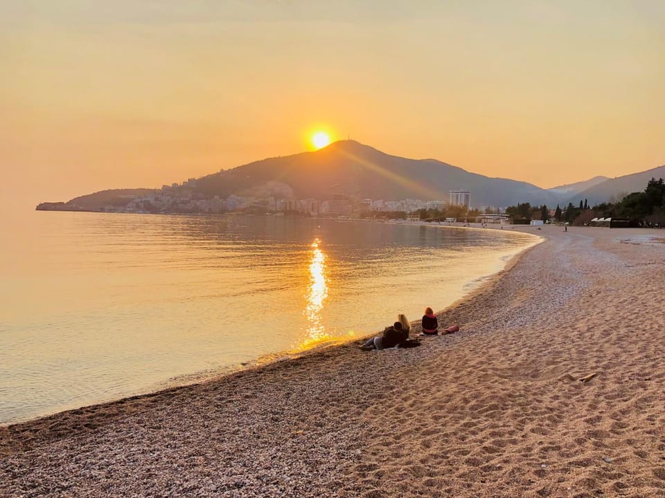 Natural landscape, Beach, Mountain view, Sunset