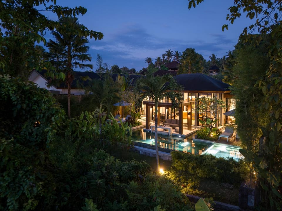 Property building, Night, Natural landscape, Garden, Garden view, Pool view, Swimming pool