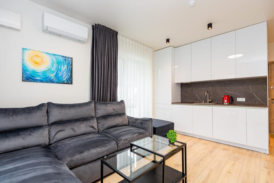 Kitchen or kitchenette, Living room, Seating area, air conditioner