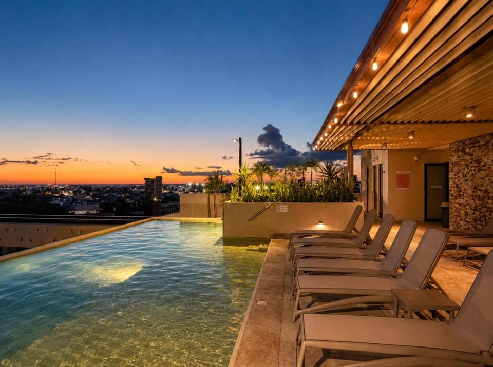 Balcony/Terrace, Living room, Pool view, Swimming pool, Sunset