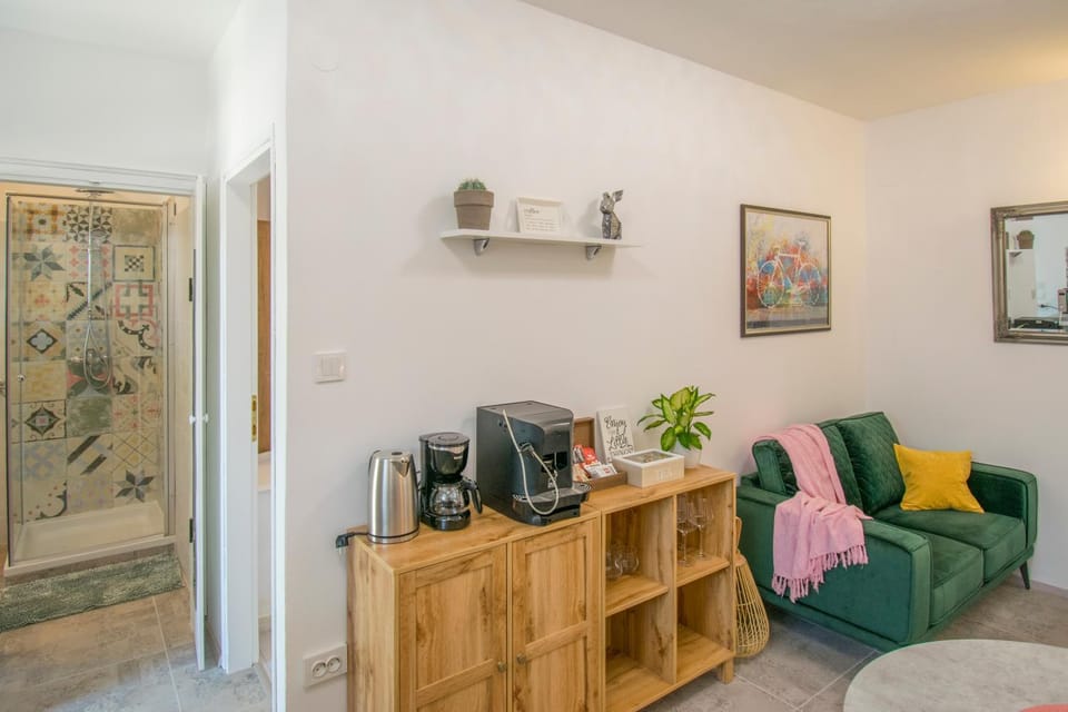 Shower, Coffee/tea facilities, Living room, Seating area