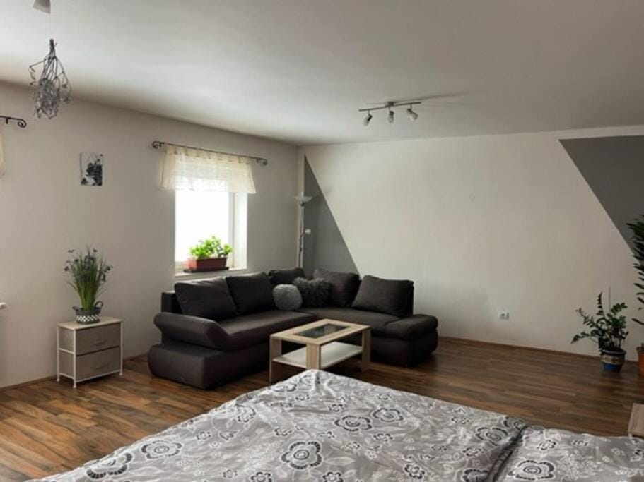 Bed, Living room, Seating area