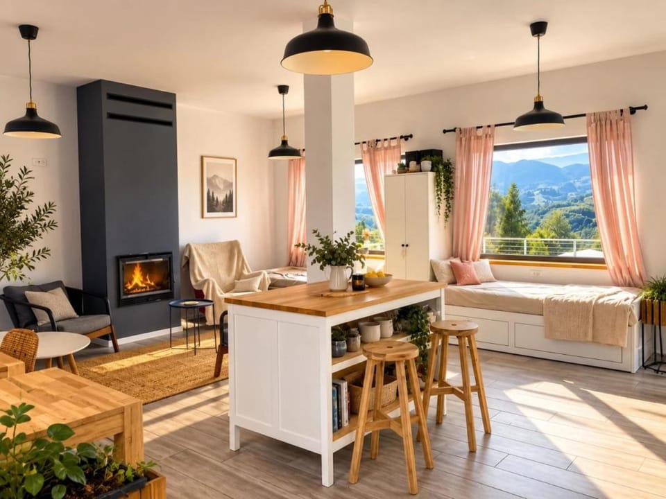 Living room, Mountain view, fireplace