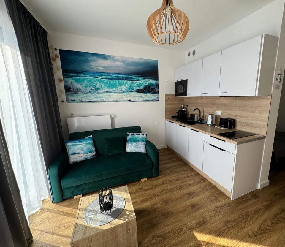 Coffee/tea facilities, Kitchen or kitchenette, Living room, Seating area, stove, toaster