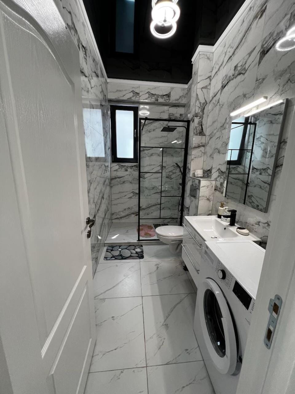 Shower, Bathroom, towels, washing machine, dryer