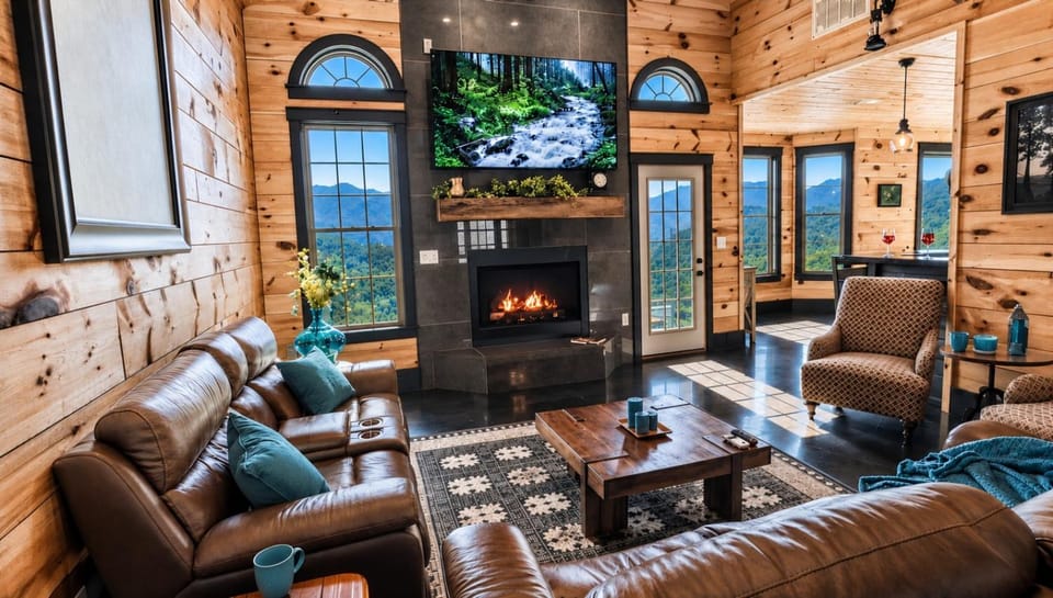 TV and multimedia, Living room, Evening entertainment, Mountain view, fireplace
