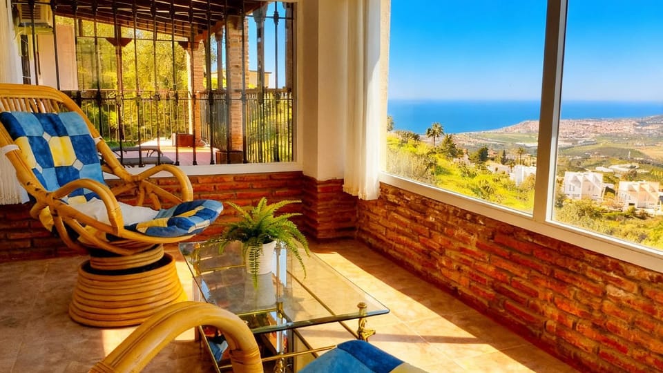 Property building, Day, Natural landscape, View (from property/room), Balcony/Terrace, Living room, Seating area, Mountain view, Sea view
