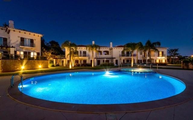 Property building, Night, Pool view, Swimming pool