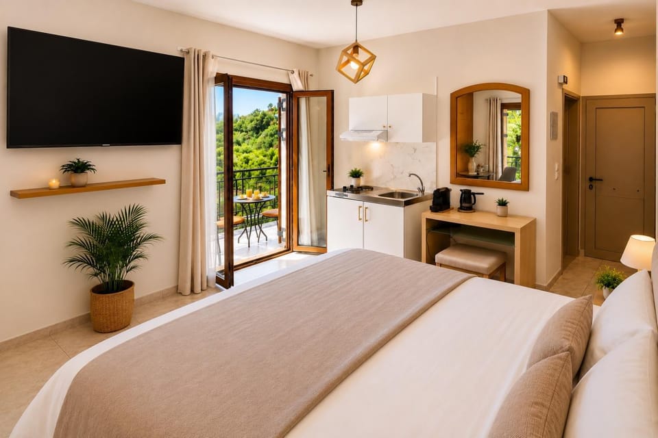 Bed, TV and multimedia, Kitchen or kitchenette, Photo of the whole room, Bedroom