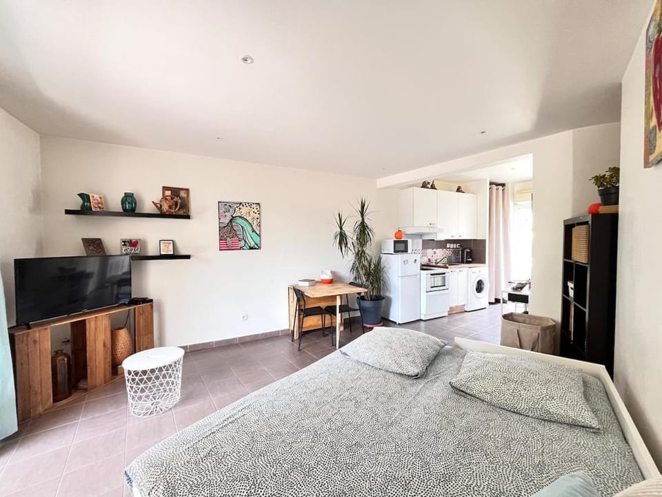 Bed, TV and multimedia, Kitchen or kitchenette, Living room, Photo of the whole room, Seating area