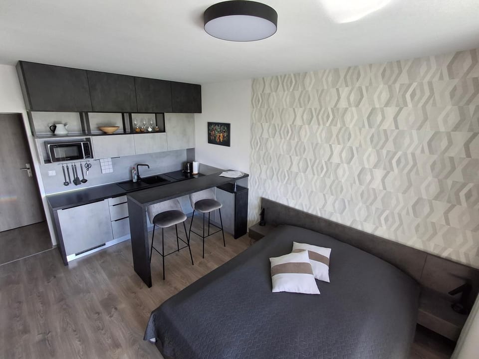 Bed, Kitchen or kitchenette, Living room, Seating area, Bedroom, stove