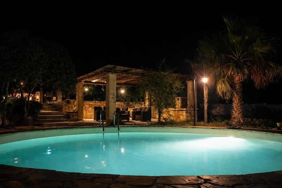 Property building, Night, Natural landscape, Garden, Garden view, Pool view, Swimming pool