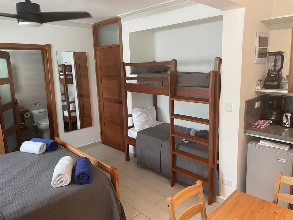 Kitchen or kitchenette, bunk bed, fireplace, towels, air conditioner