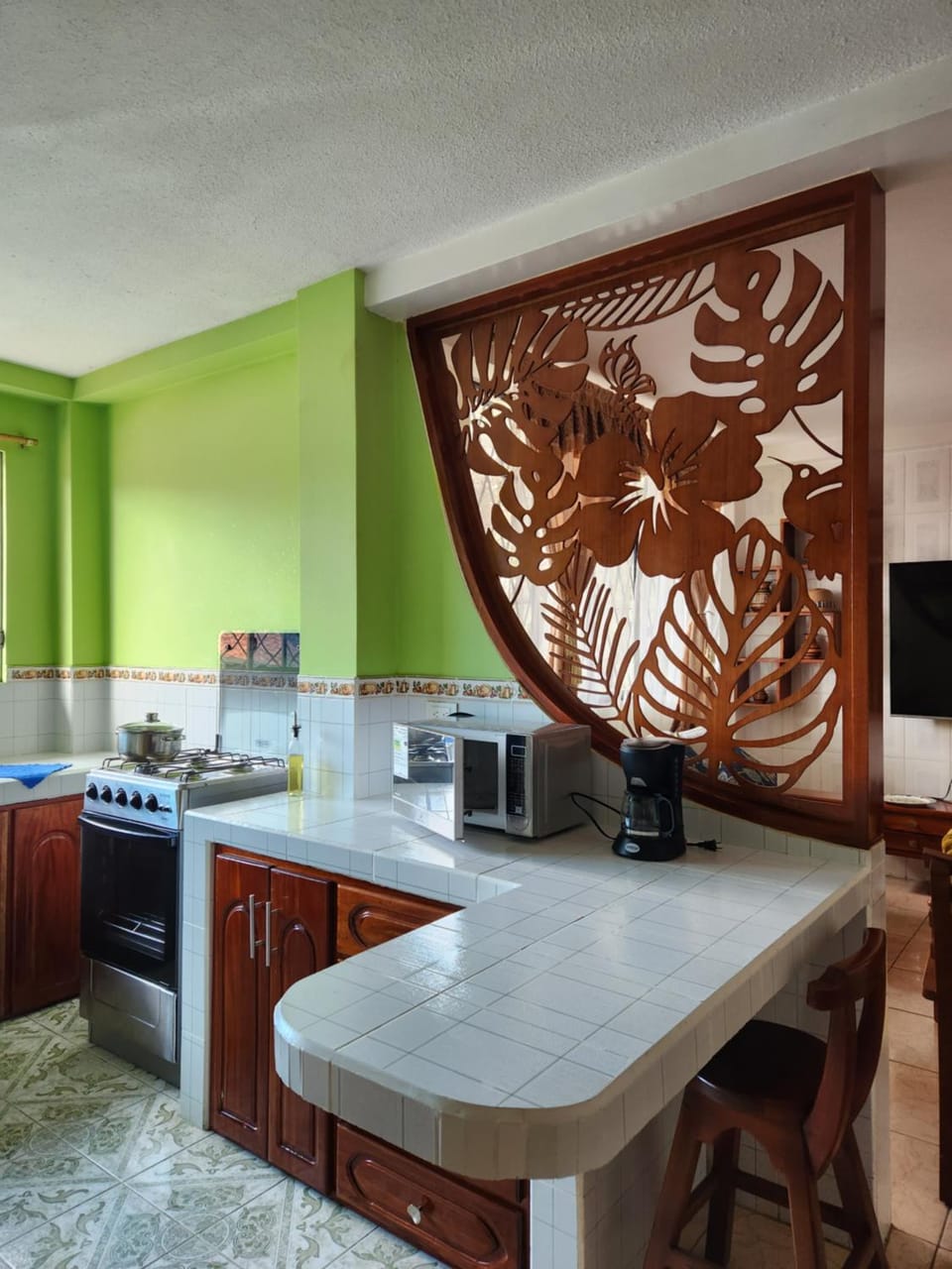 Kitchen or kitchenette, microwave, oven