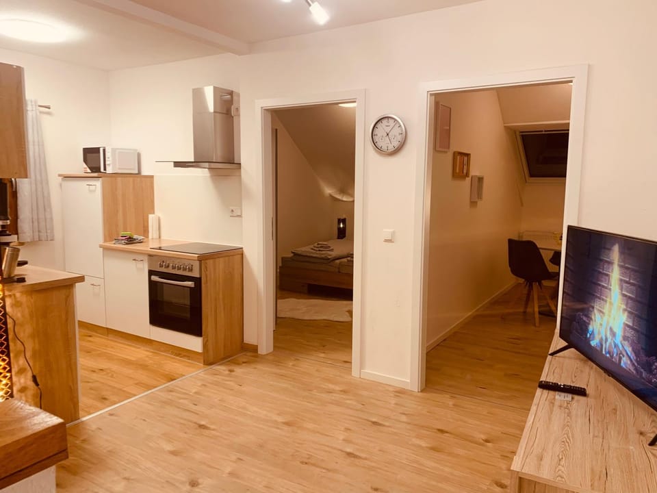 Bed, TV and multimedia, Kitchen or kitchenette, Living room, Photo of the whole room, Seating area, Dining area, Bedroom, oven, stove
