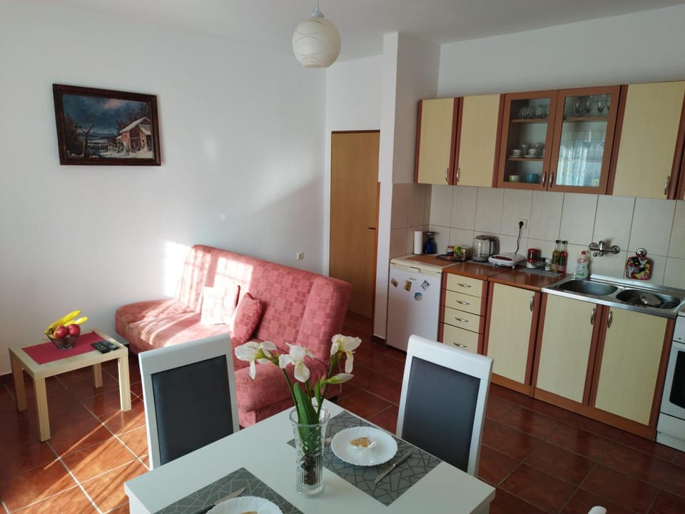 Kitchen or kitchenette, Living room, Seating area, Dining area