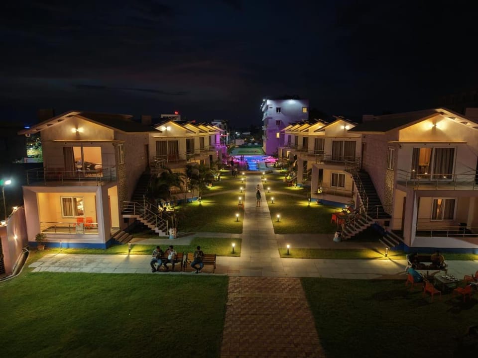 Property building, Night, Natural landscape, Garden, Garden view, Pool view, Swimming pool