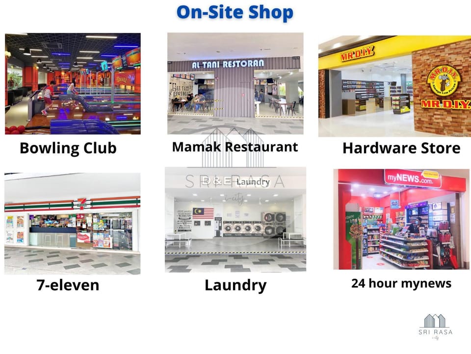 Restaurant/places to eat, Bowling, On-site shops, Supermarket/grocery shop, laundry