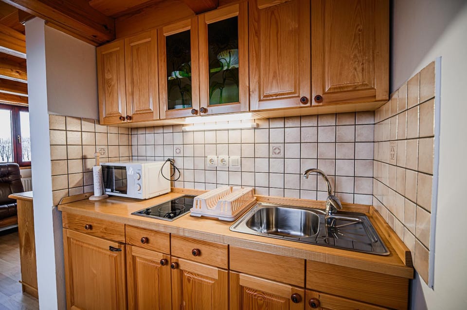 Kitchen or kitchenette, microwave, stove