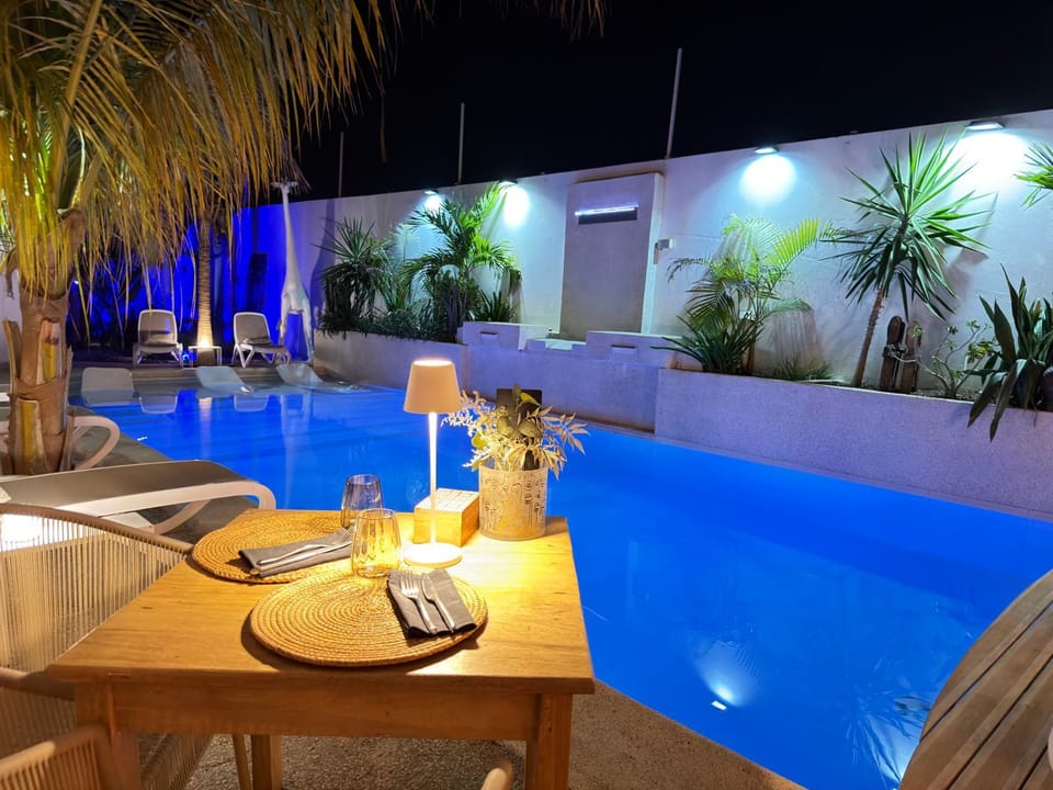 Night, Pool view, Swimming pool, sunbed