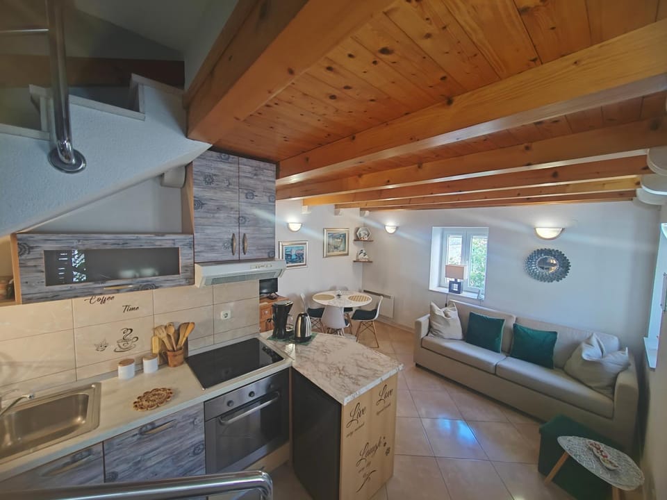 Kitchen or kitchenette, Living room, Seating area, oven, stove
