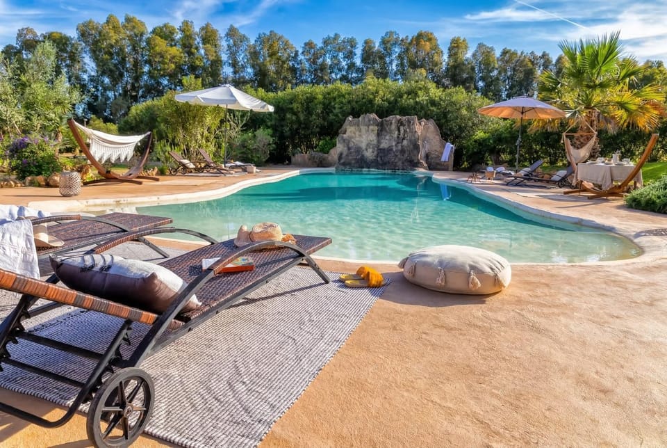 Natural landscape, Garden, Garden view, Pool view, Swimming pool, sunbed