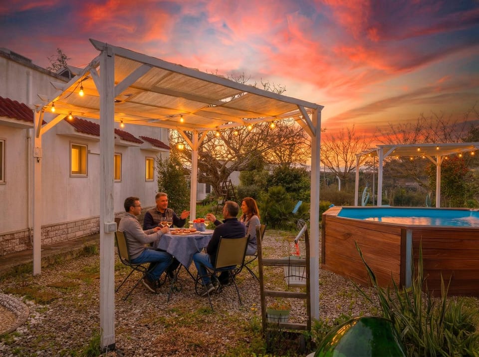 Garden, Pool view, Swimming pool, Sunset, group of guests