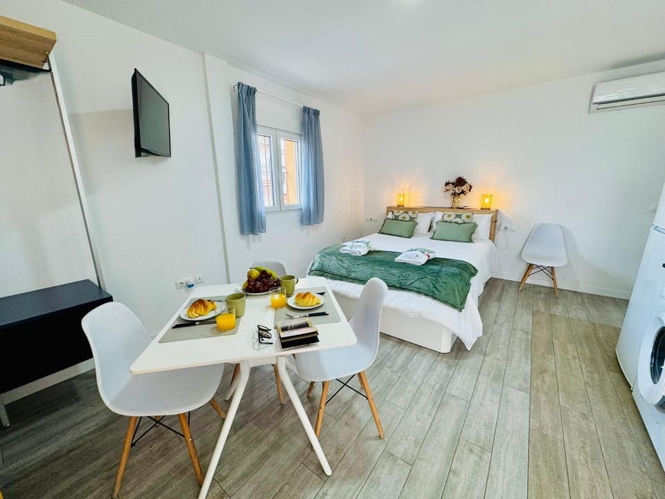Bed, TV and multimedia, Living room, Photo of the whole room, Seating area, Dining area, Bedroom, towels, air conditioner