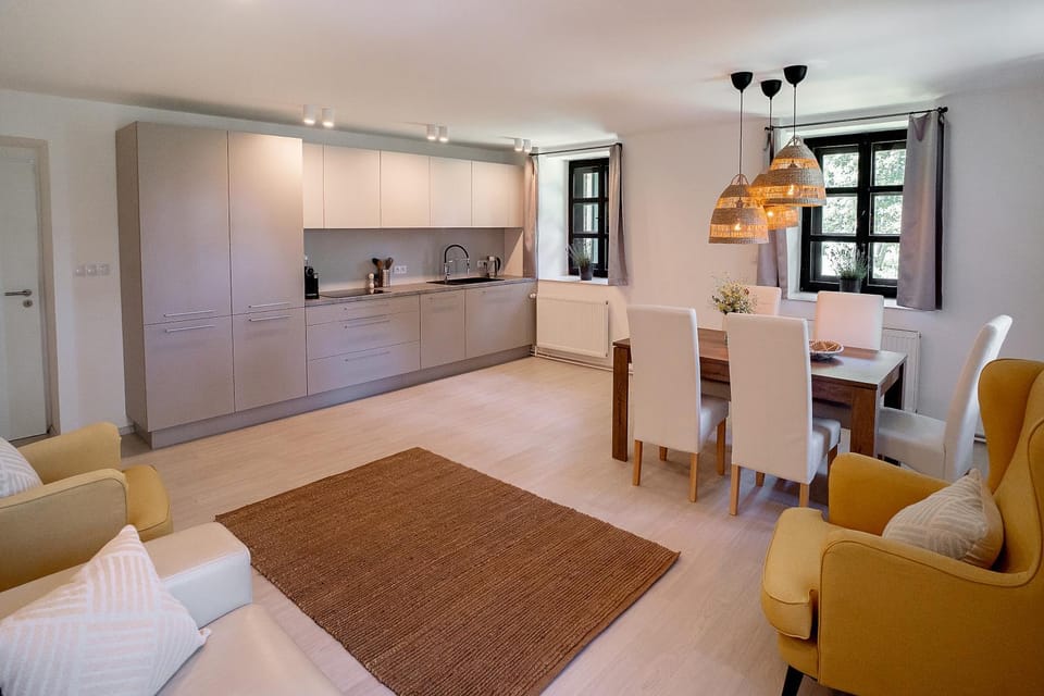 View (from property/room), Kitchen or kitchenette, Living room, Photo of the whole room, Seating area, Dining area