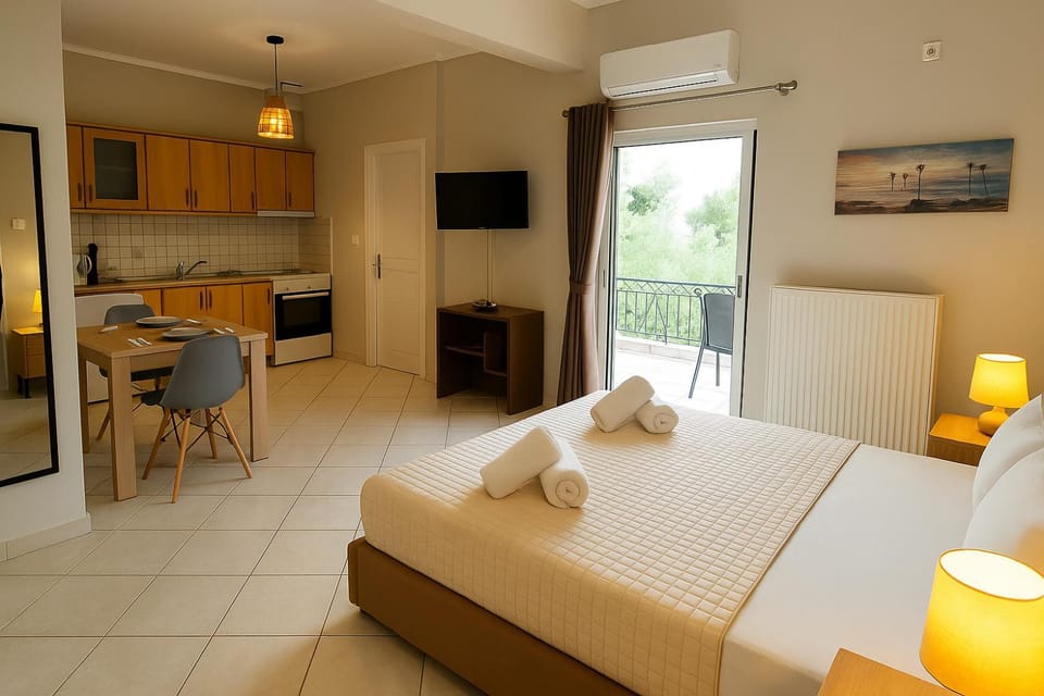 Bed, TV and multimedia, Kitchen or kitchenette, Photo of the whole room, Dining area, Bedroom, oven, stove