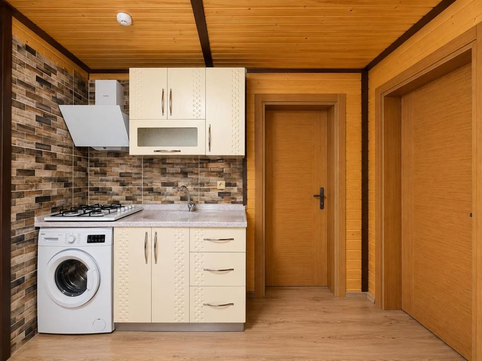 Kitchen or kitchenette, stove, washing machine