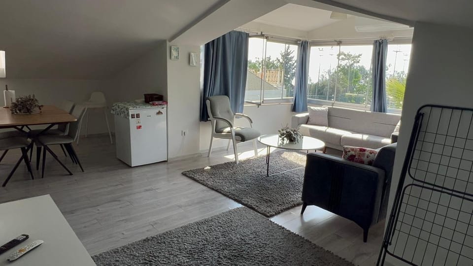 Kitchen or kitchenette, Living room, Seating area, Dining area