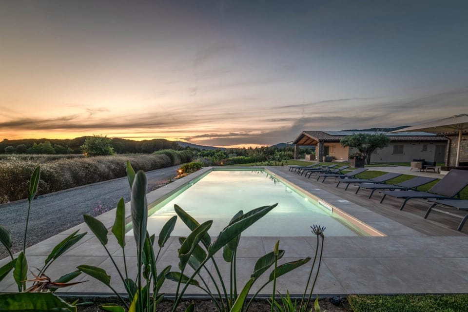 Natural landscape, Pool view, Swimming pool, Sunset, sunbed