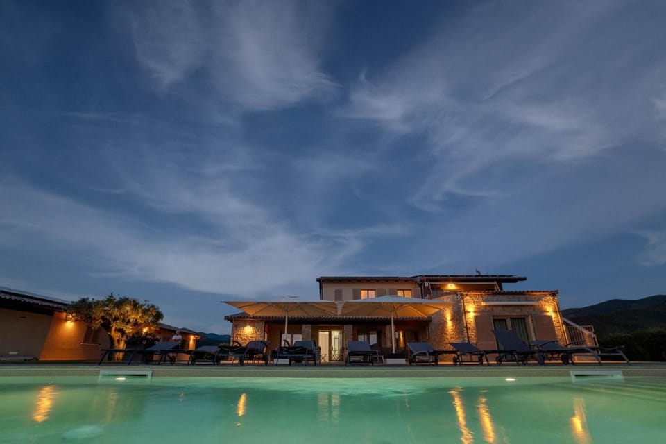 Property building, Night, Natural landscape, Swimming pool
