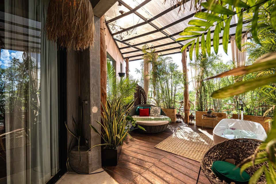 Patio, Natural landscape, Balcony/Terrace, Garden view, Bath