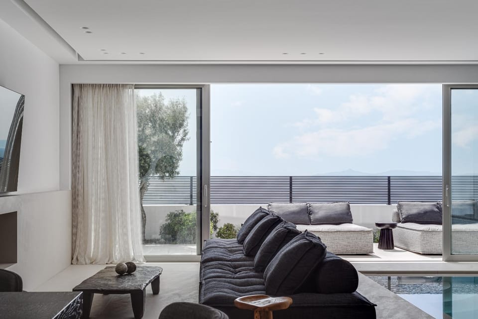 Living room, Seating area, Pool view