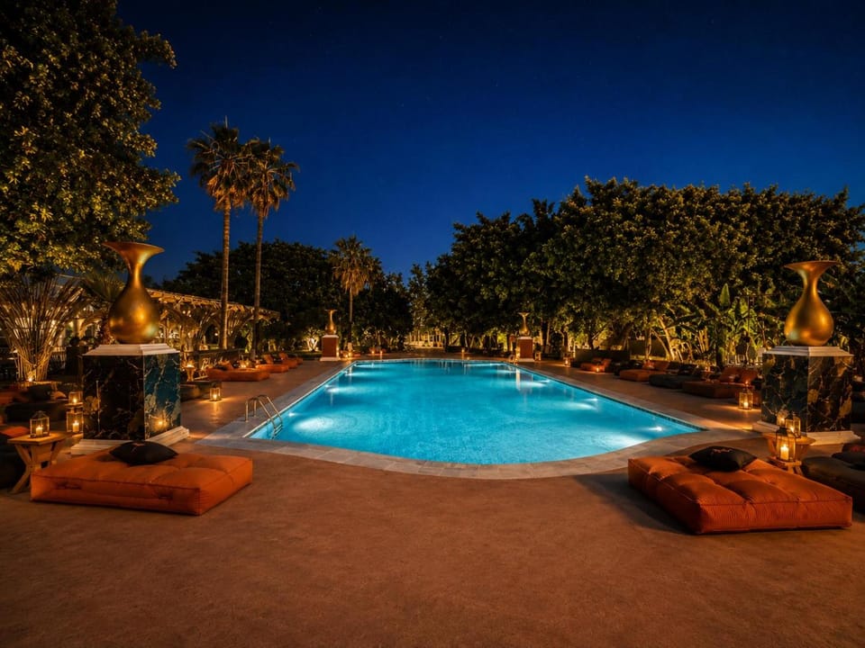 Night, Garden, Garden view, Pool view, Swimming pool, sunbed