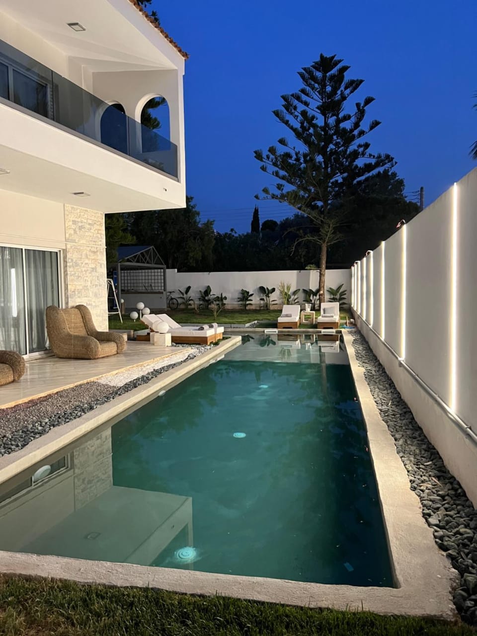 Patio, Night, Garden, Garden view, Pool view, Swimming pool, sunbed